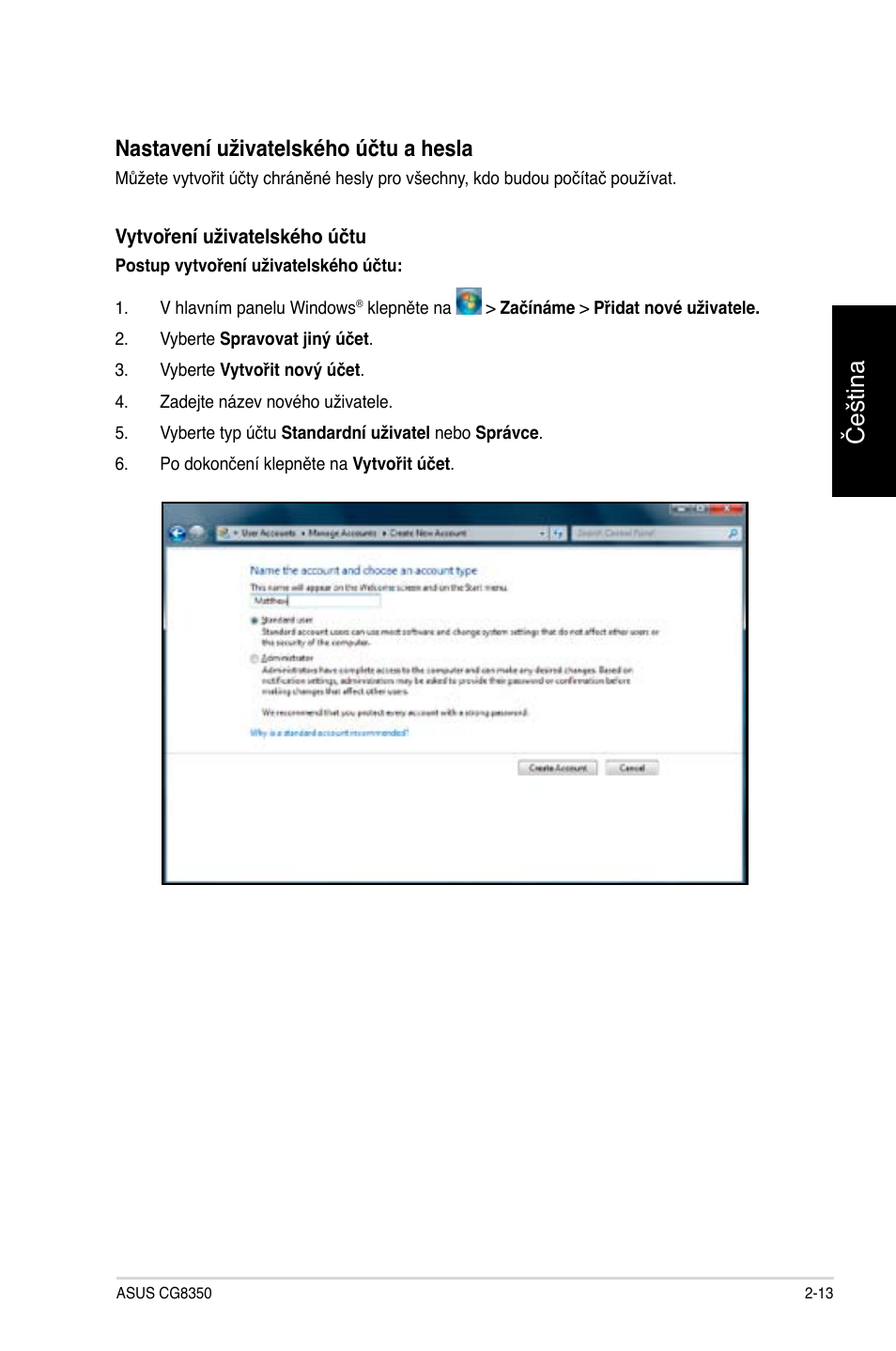 Čeština, Nastavení uživatelského účtu a hesla | Asus CG8350 User Manual | Page 107 / 384
