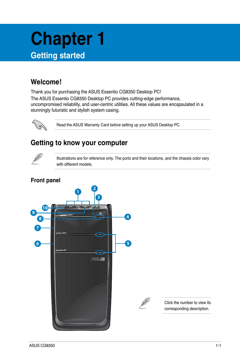 Chapter 1, Getting started, Welcome | Getting to know your computer, Welcome! -1 getting to know your computer -1 | Asus CG8350 User Manual | Page 11 / 384