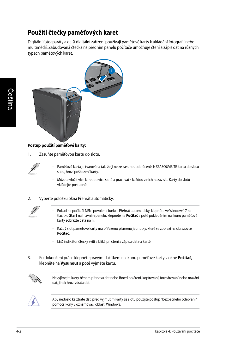 Použití čtečky paměťových karet, Použití čtečky paměťových karet -2, Čeština | Asus CG8350 User Manual | Page 120 / 384