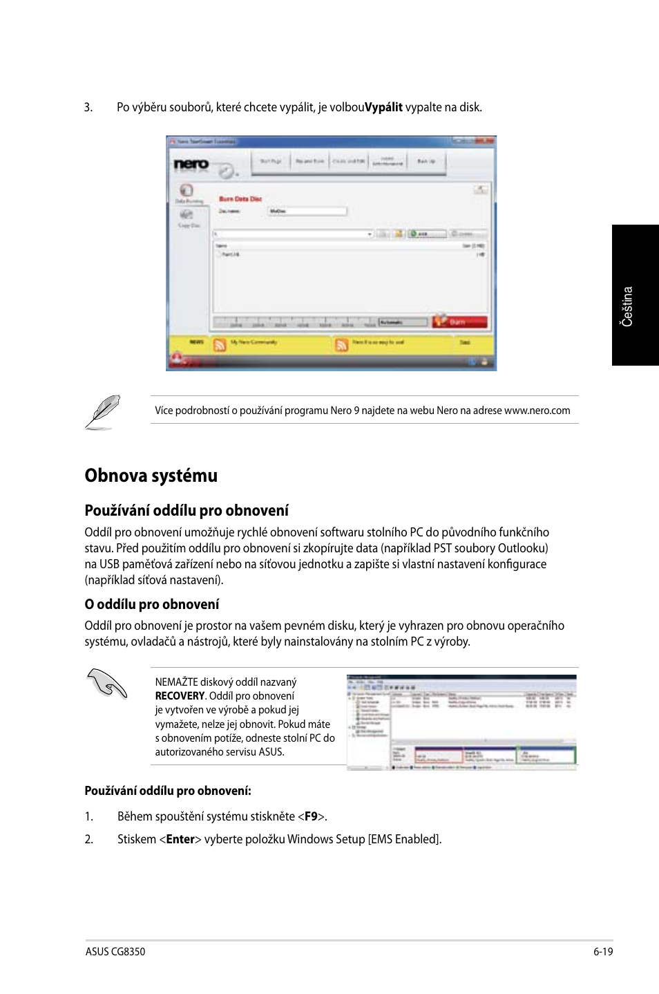 Obnova systému, Obnova systému -19, Používání oddílu pro obnovení | Asus CG8350 User Manual | Page 143 / 384