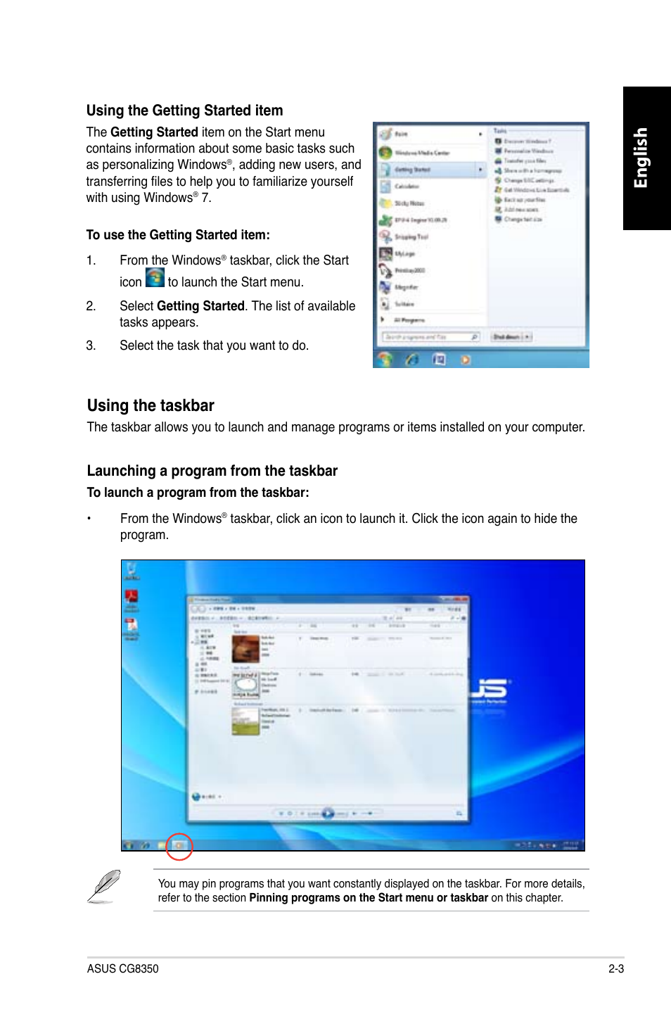 English, Using the taskbar | Asus CG8350 User Manual | Page 21 / 384