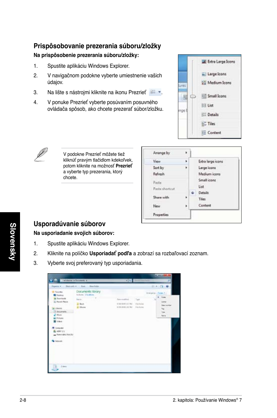 Slovensky, Prispôsobovanie prezerania súboru/zložky, Usporadúvanie súborov | Asus CG8350 User Manual | Page 254 / 384