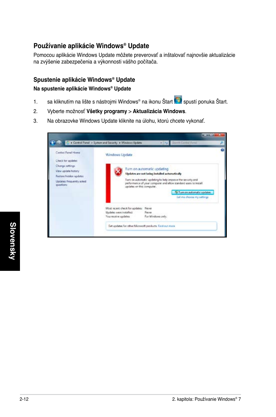 Slovensky, Používanie aplikácie windows, Update | Asus CG8350 User Manual | Page 258 / 384