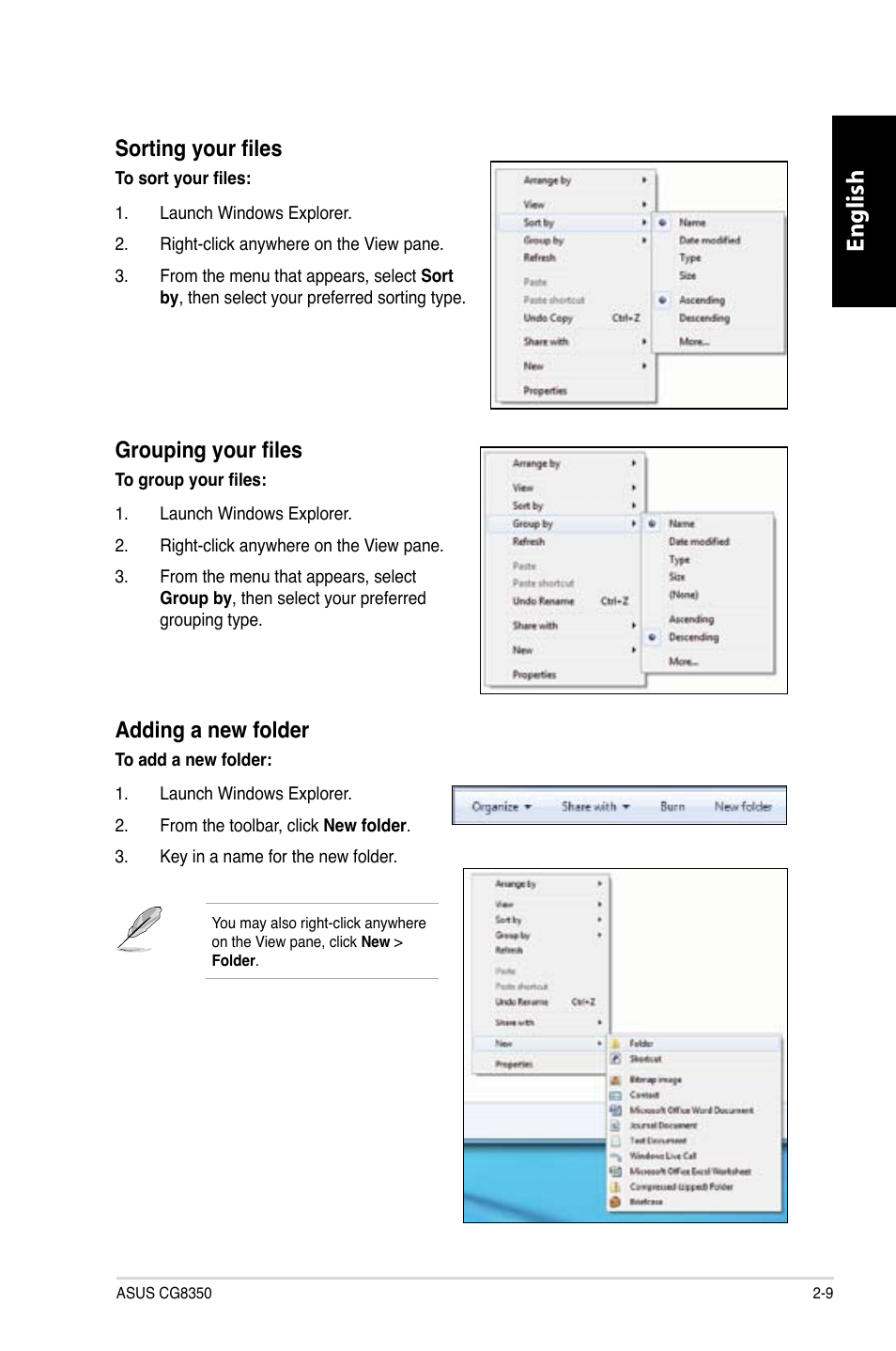 English, Sorting your files, Grouping your files | Adding a new folder | Asus CG8350 User Manual | Page 27 / 384