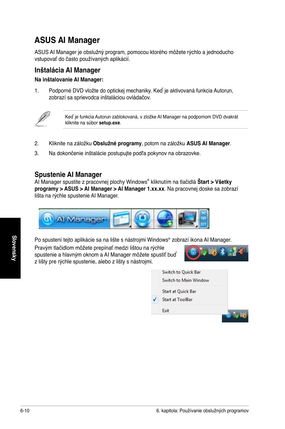 Asus ai manager, Asus ai manager -10, Inštalácia ai manager | Spustenie ai manager | Asus CG8350 User Manual | Page 286 / 384