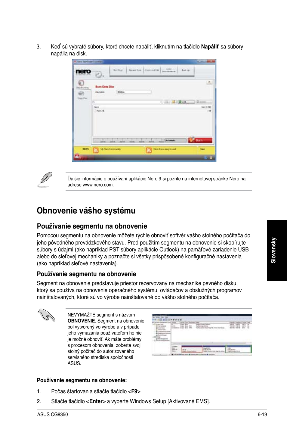 Obnovenie vášho systému, Obnovenie vášho systému -19, Používanie segmentu na obnovenie | Asus CG8350 User Manual | Page 295 / 384