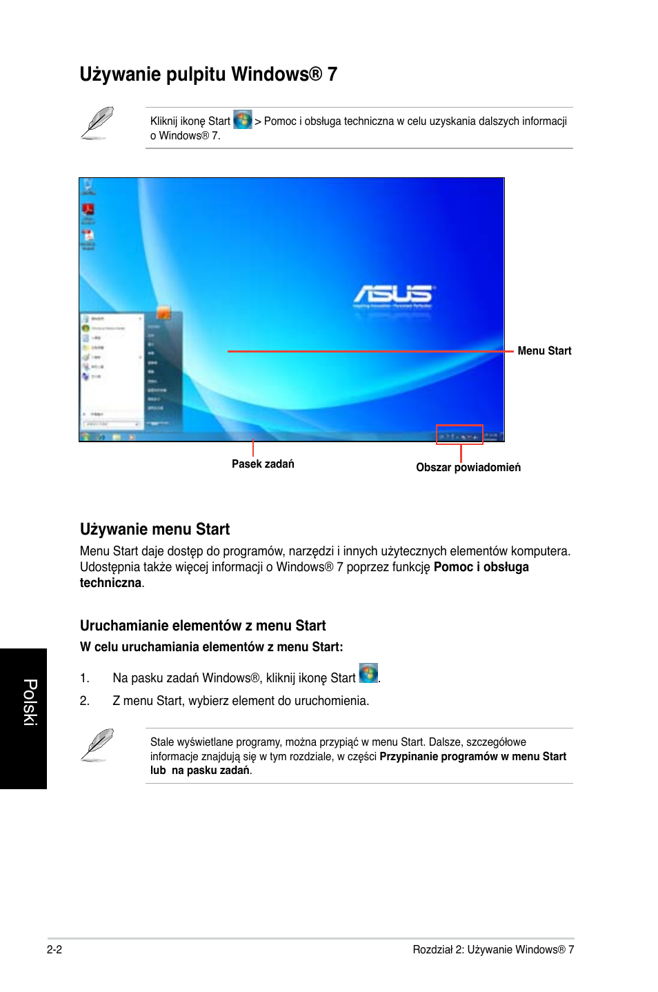 Używanie pulpitu windows® 7, Używanie pulpitu windows® 7 -2, Polski | Używanie menu start | Asus CG8350 User Manual | Page 324 / 384