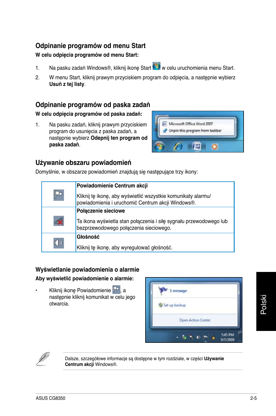 Polski, Odpinanie programów od menu start, Odpinanie programów od paska zadań | Używanie obszaru powiadomień | Asus CG8350 User Manual | Page 327 / 384