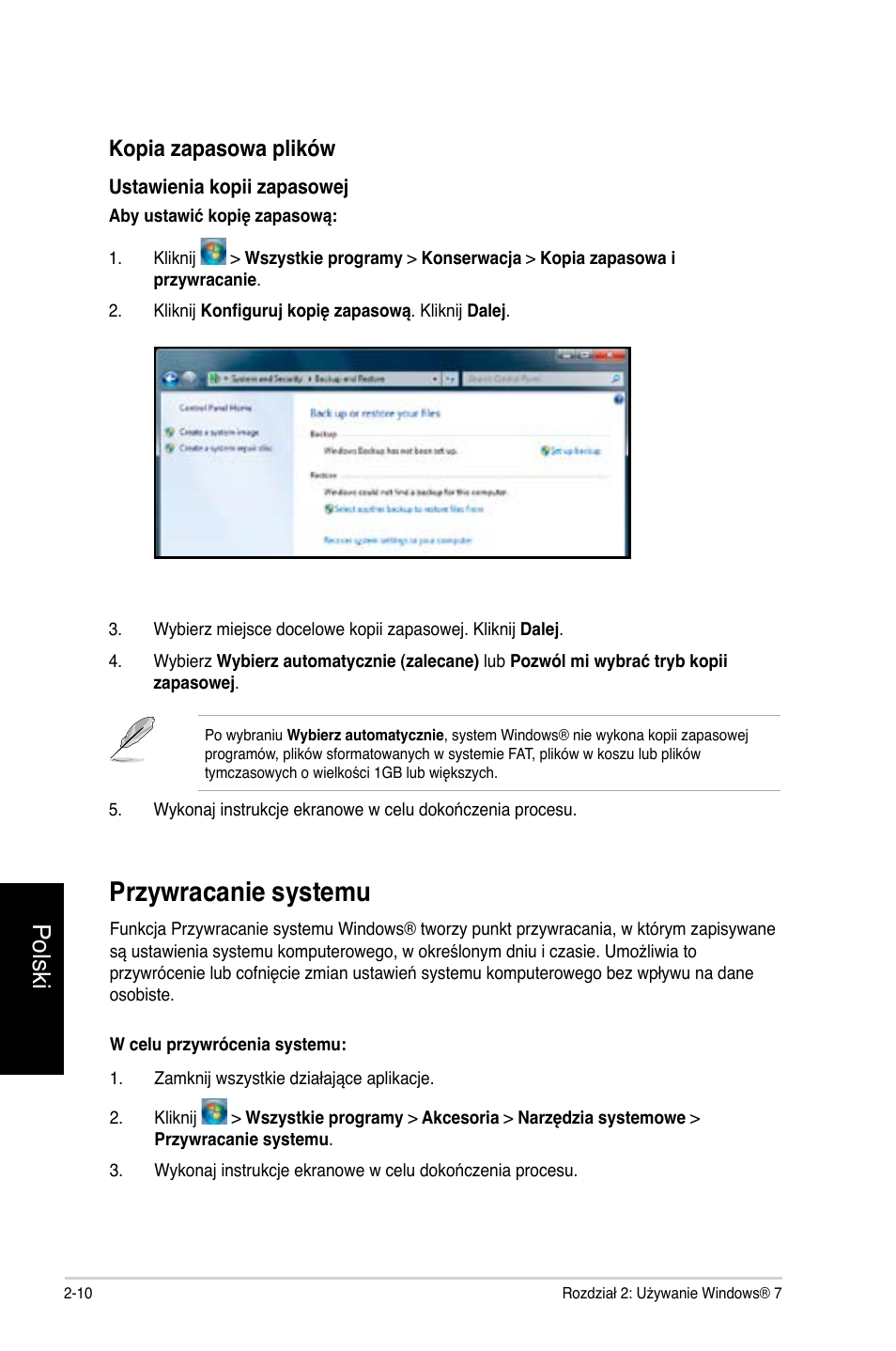 Przywracanie systemu, Przywracanie systemu -10, Polski | Kopia zapasowa plików | Asus CG8350 User Manual | Page 332 / 384