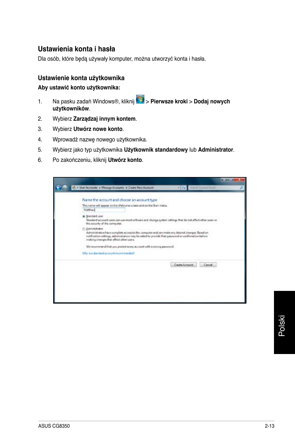 Polski, Ustawienia konta i hasła | Asus CG8350 User Manual | Page 335 / 384