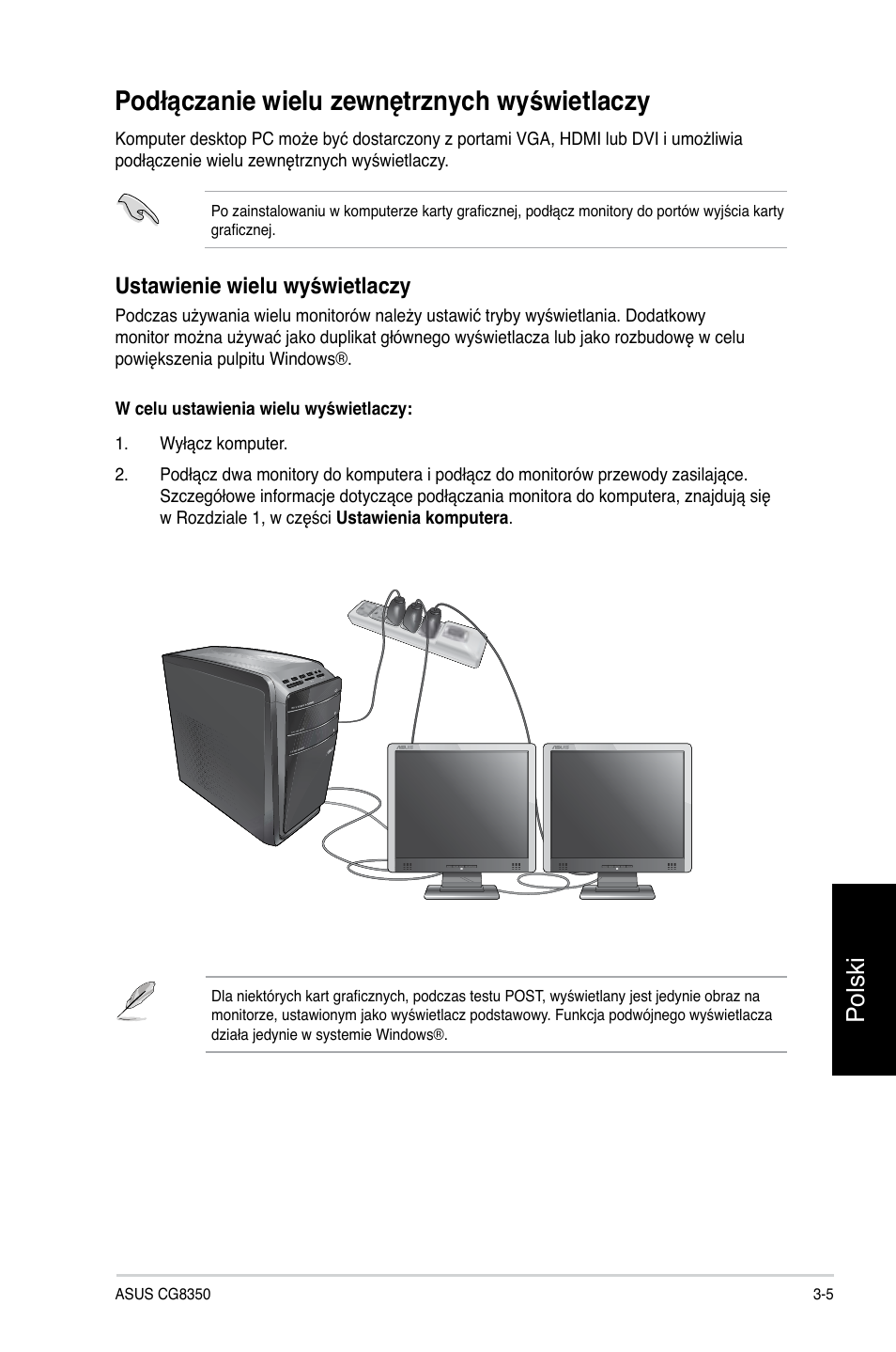 Podłączanie wielu zewnętrznych wyświetlaczy, Podłączanie wielu zewnętrznych wyświetlaczy -5, Polski | Ustawienie wielu wyświetlaczy | Asus CG8350 User Manual | Page 343 / 384