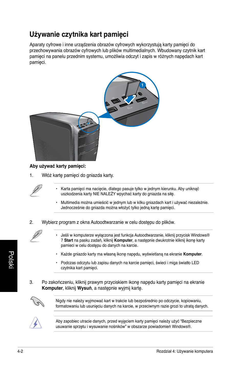 Używanie czytnika kart pamięci, Używanie czytnika kart pamięci -2, Polski | Asus CG8350 User Manual | Page 348 / 384