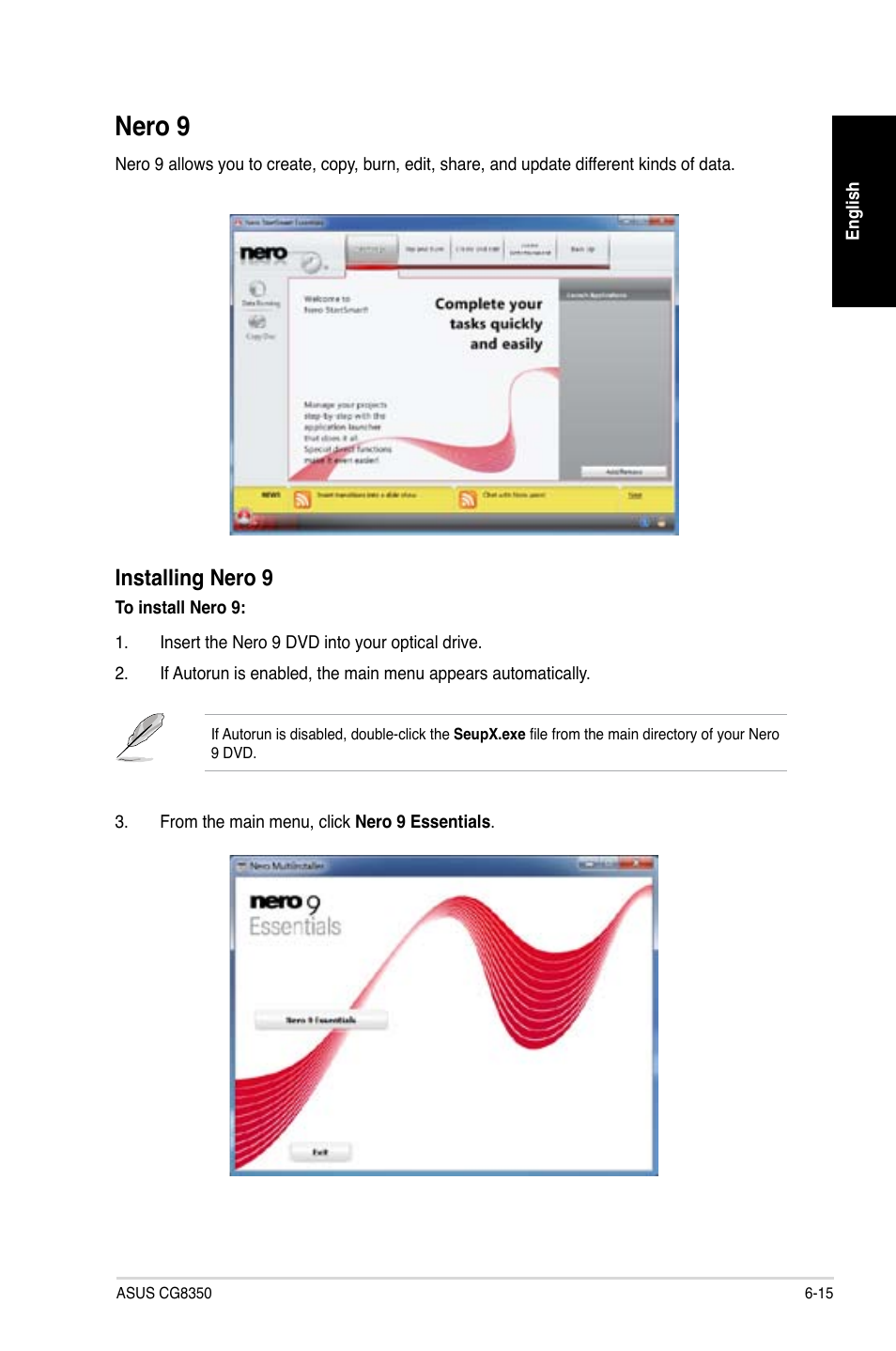 Nero 9, Nero 9 -15, Installing nero 9 | Asus CG8350 User Manual | Page 63 / 384