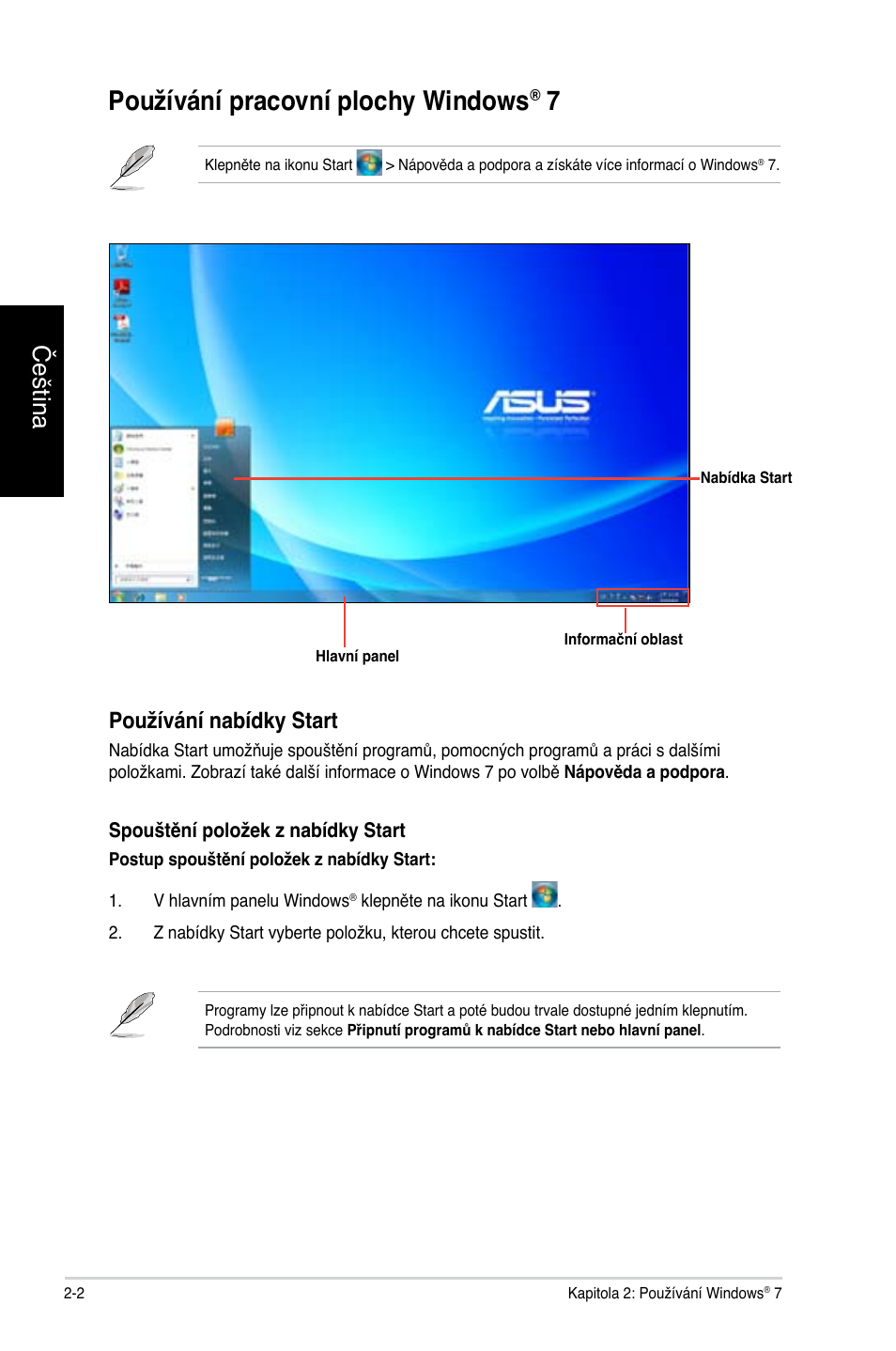 Používání pracovní plochy windows® 7, Používání pracovní plochy windows, Čeština | Používání nabídky start | Asus CG8350 User Manual | Page 96 / 384