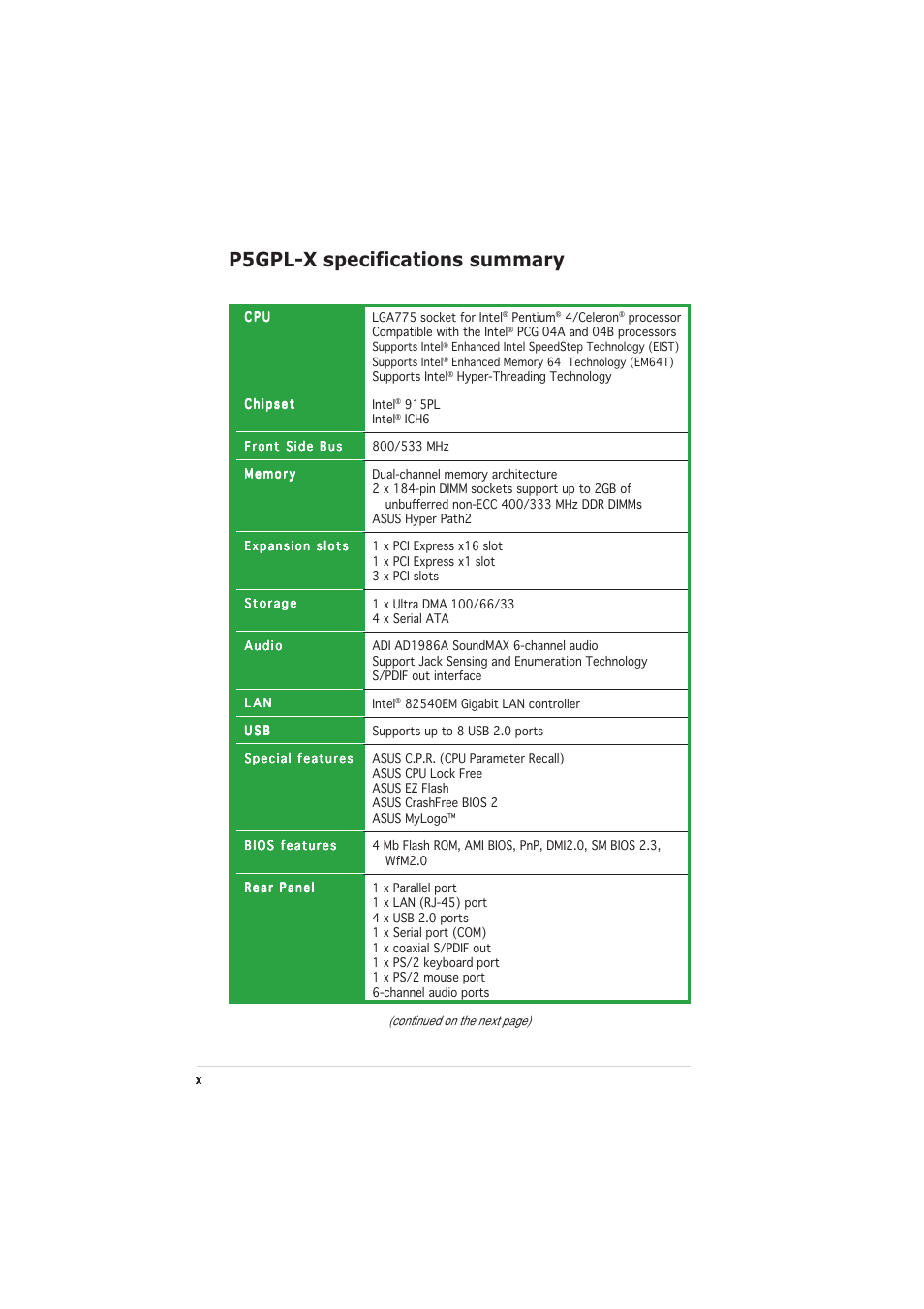 P5gpl-x specifications summary | Asus P5GPL-X User Manual | Page 10 / 94