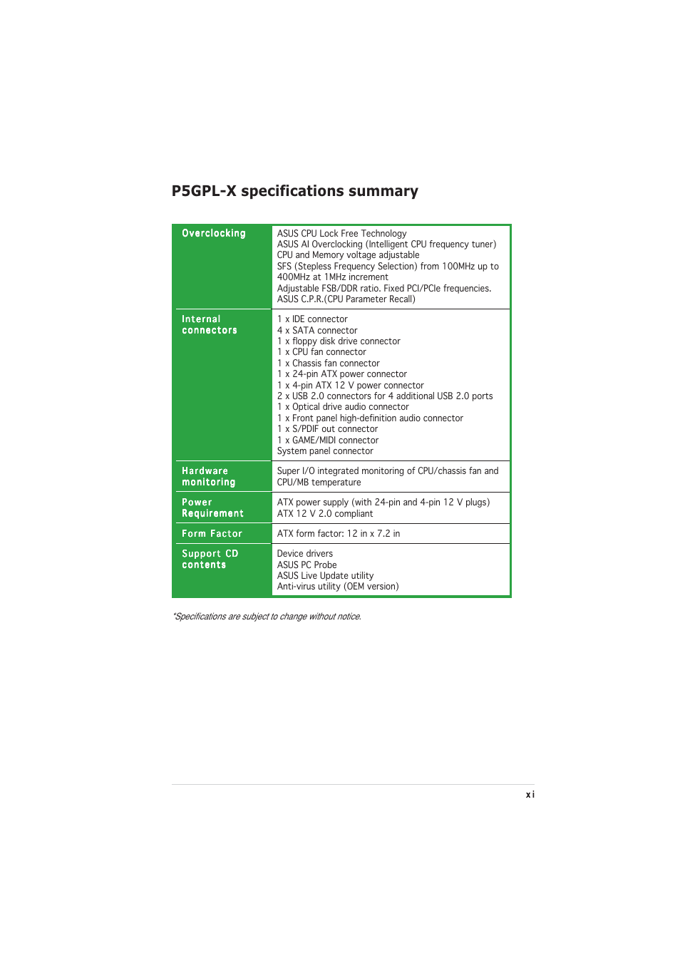 P5gpl-x specifications summary | Asus P5GPL-X User Manual | Page 11 / 94