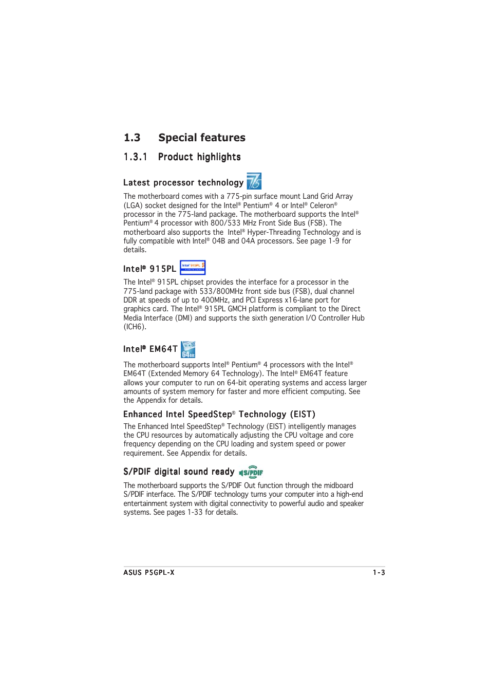 3 special features | Asus P5GPL-X User Manual | Page 15 / 94