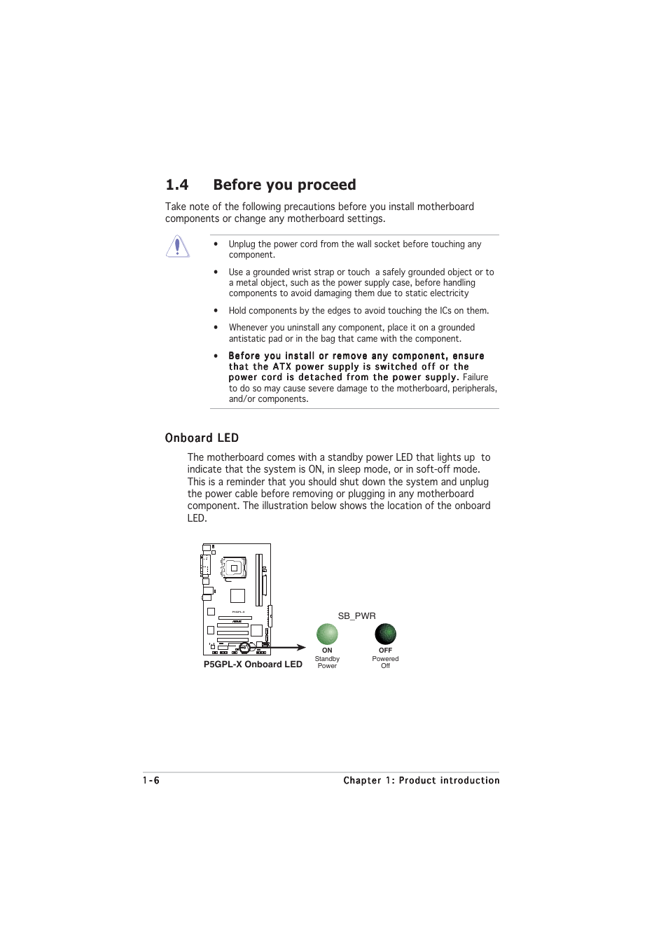 4 before you proceed, Onboard led | Asus P5GPL-X User Manual | Page 18 / 94