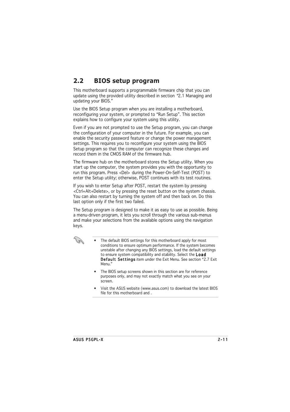 2 bios setup program | Asus P5GPL-X User Manual | Page 57 / 94