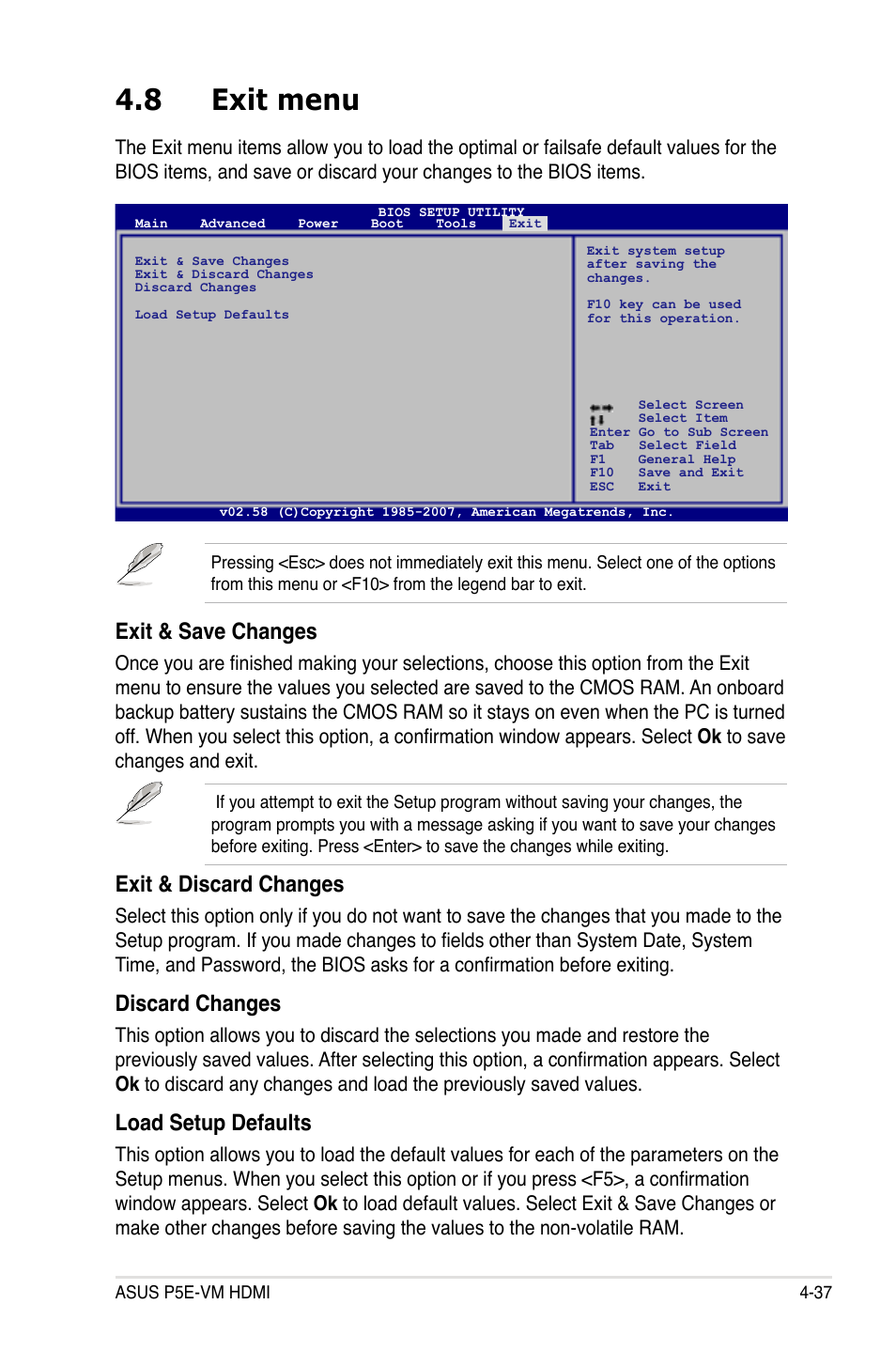 8 exit menu, Exit & save changes, Exit & discard changes | Discard changes, Load setup defaults | Asus P5E-VM HDMI User Manual | Page 103 / 156