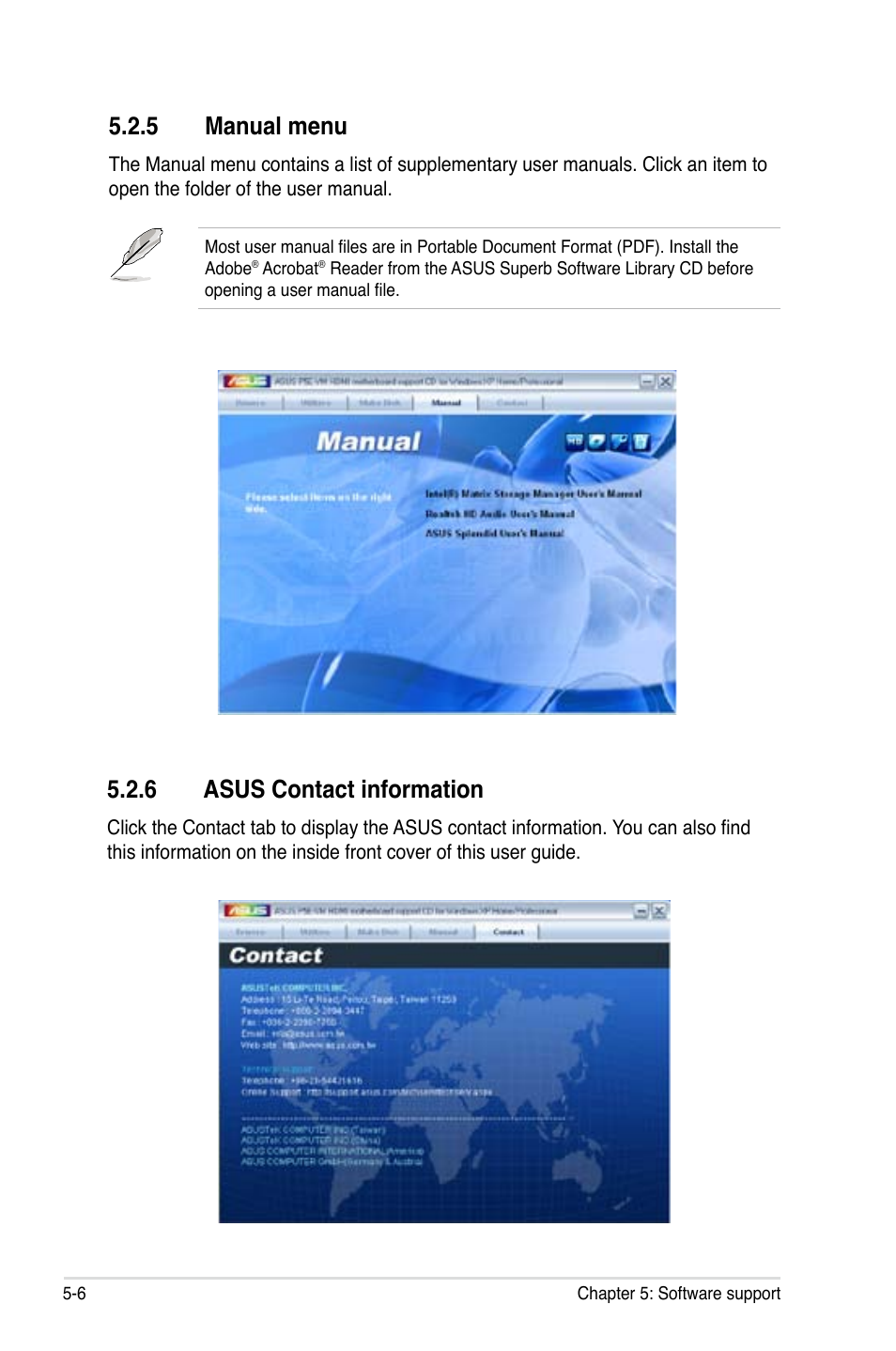 5 manual menu, 6 asus contact information | Asus P5E-VM HDMI User Manual | Page 112 / 156