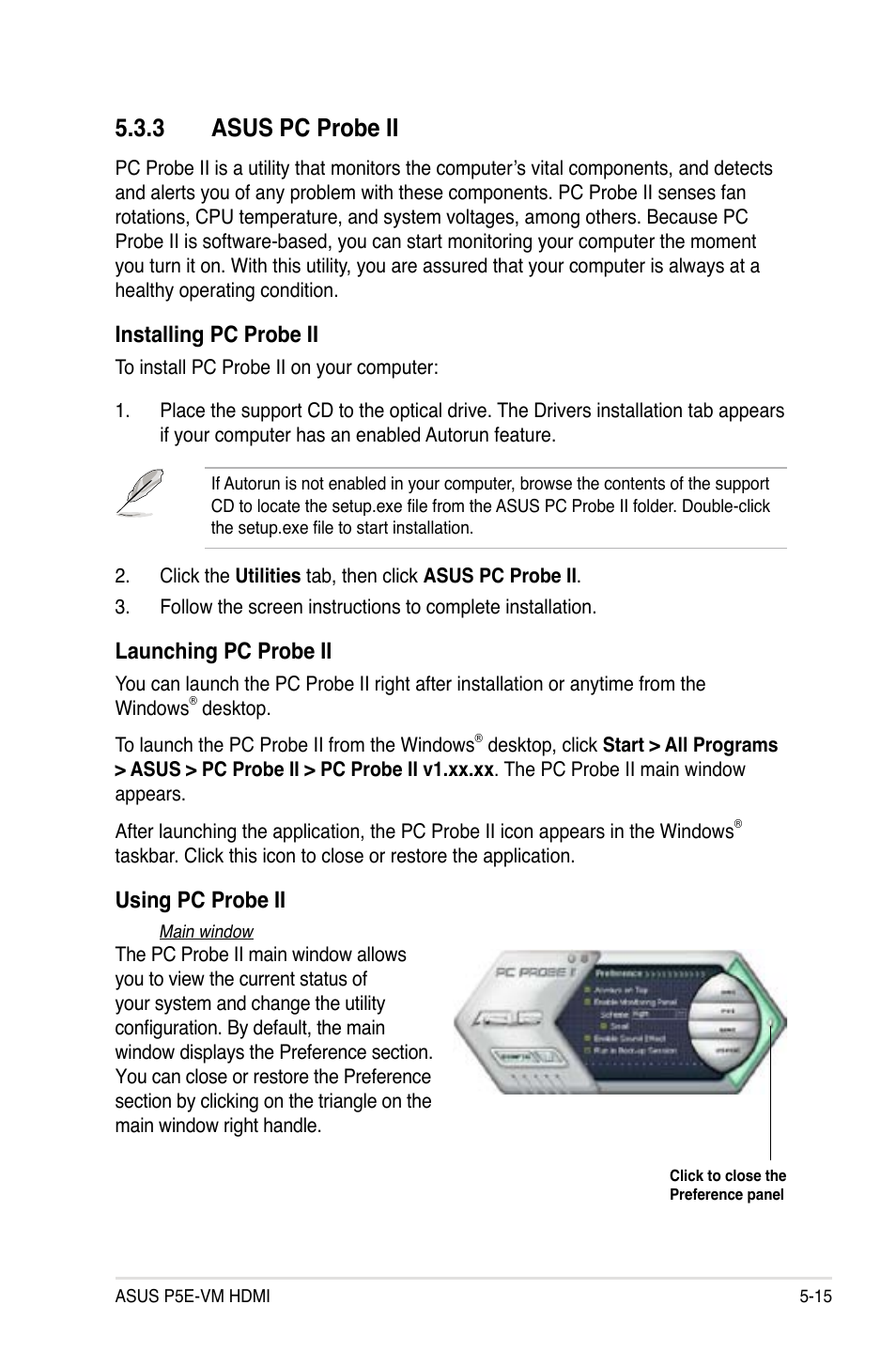 3 asus pc probe ii, Installing pc probe ii, Launching pc probe ii | Using pc probe ii | Asus P5E-VM HDMI User Manual | Page 121 / 156