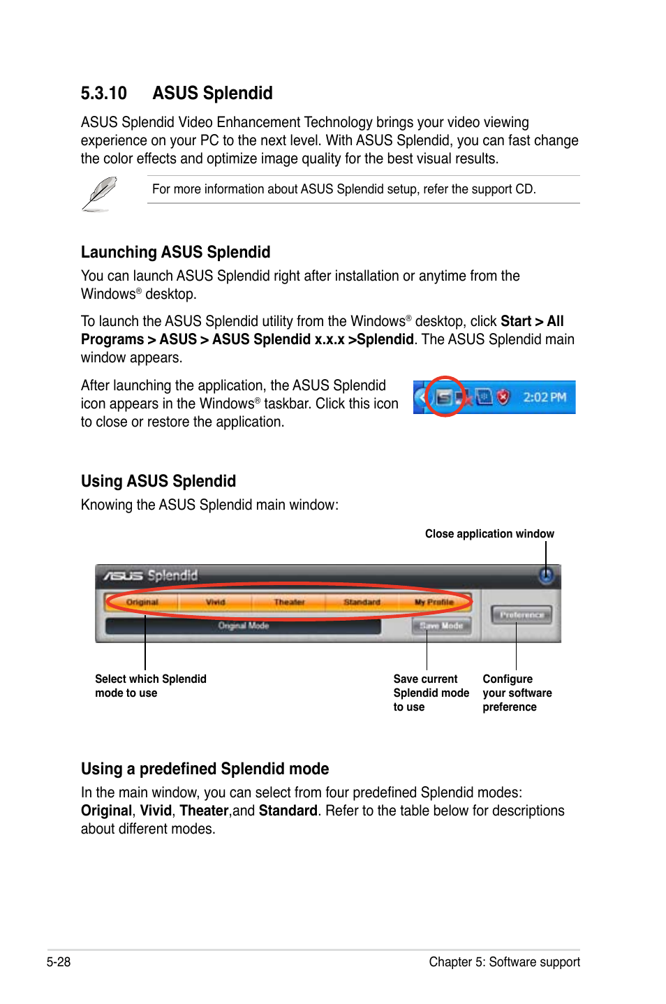 10 asus splendid, Launching asus splendid, Using asus splendid | Using a predefined splendid mode | Asus P5E-VM HDMI User Manual | Page 134 / 156
