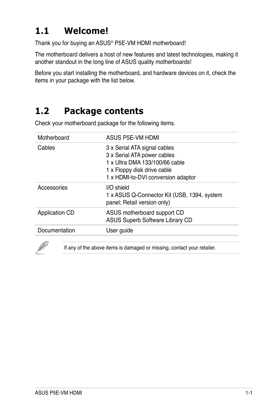 1 welcome, 2 package contents | Asus P5E-VM HDMI User Manual | Page 17 / 156
