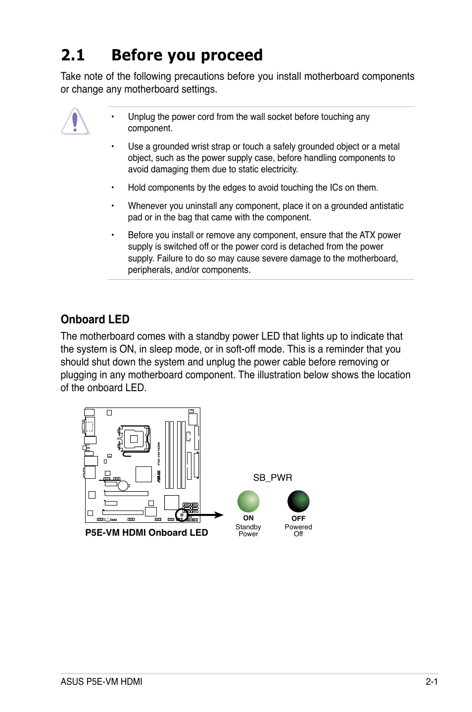 1 before you proceed, Onboard led | Asus P5E-VM HDMI User Manual | Page 25 / 156