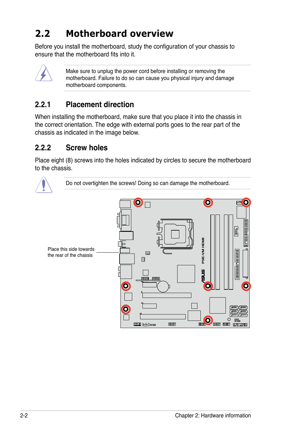 2 motherboard overview, 1 placement direction, 2 screw holes | Asus P5E-VM HDMI User Manual | Page 26 / 156