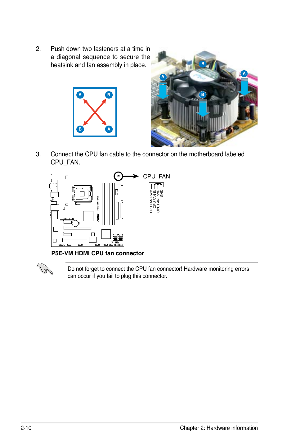 10 chapter 2: hardware information, P5e-vm hdmi cpu fan connector cpu_fan | Asus P5E-VM HDMI User Manual | Page 34 / 156