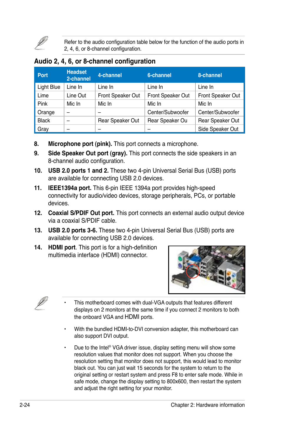 Audio 2, 4, 6, or 8-channel configuration | Asus P5E-VM HDMI User Manual | Page 48 / 156