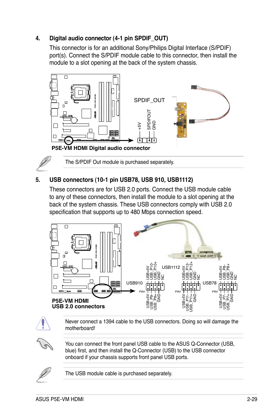 Asus p5e-vm hdmi 2-29, The s/pdif out module is purchased separately, P5e-vm hdmi usb 2.0 connectors | P5e-vm hdmi digital audio connector, Spdif_out | Asus P5E-VM HDMI User Manual | Page 53 / 156