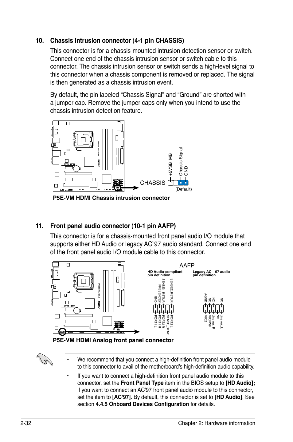 32 chapter 2: hardware information, P5e-vm hdmi chassis intrusion connector chassis, P5e-vm hdmi analog front panel connector aafp | Asus P5E-VM HDMI User Manual | Page 56 / 156