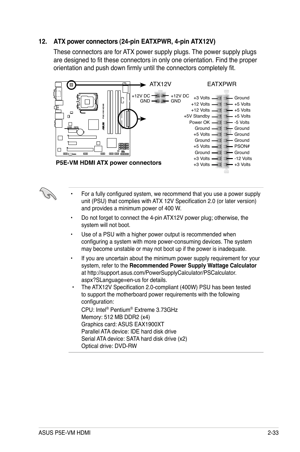 Pentium, P5e-vm hdmi atx power connectors eatxpwr, Atx12v | Asus P5E-VM HDMI User Manual | Page 57 / 156