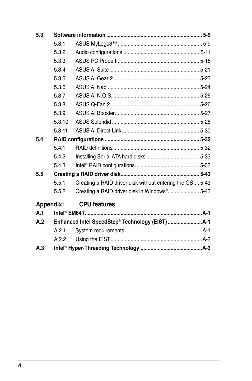 Appendix: cpu features | Asus P5E-VM HDMI User Manual | Page 6 / 156
