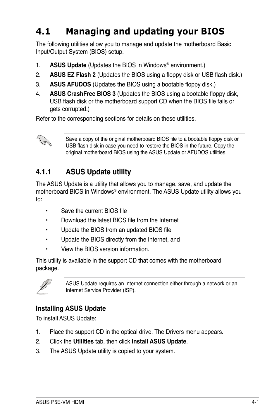 1 managing and updating your bios, 1 asus update utility | Asus P5E-VM HDMI User Manual | Page 67 / 156