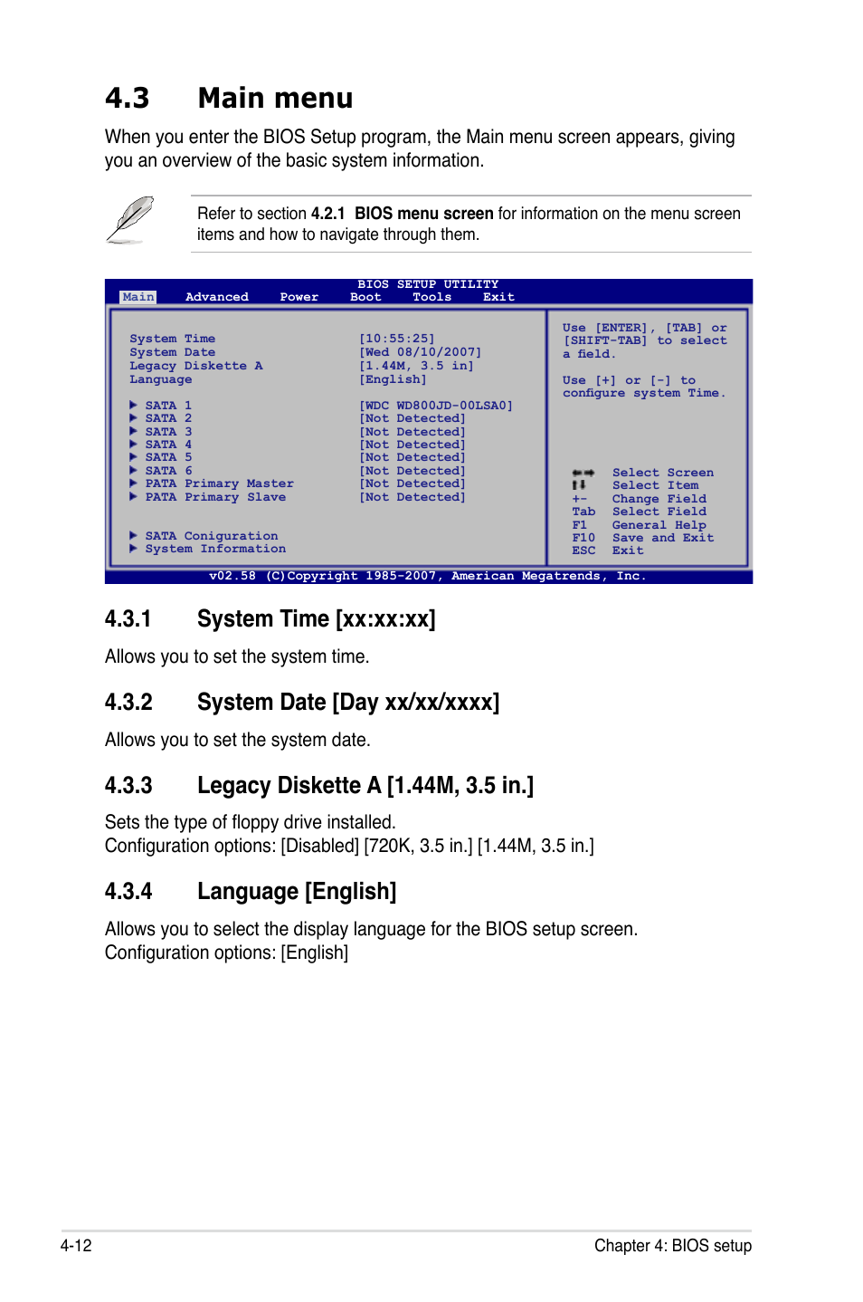 3 main menu, 1 system time [xx:xx:xx, 4 language [english | Allows you to set the system time, Allows you to set the system date | Asus P5E-VM HDMI User Manual | Page 78 / 156