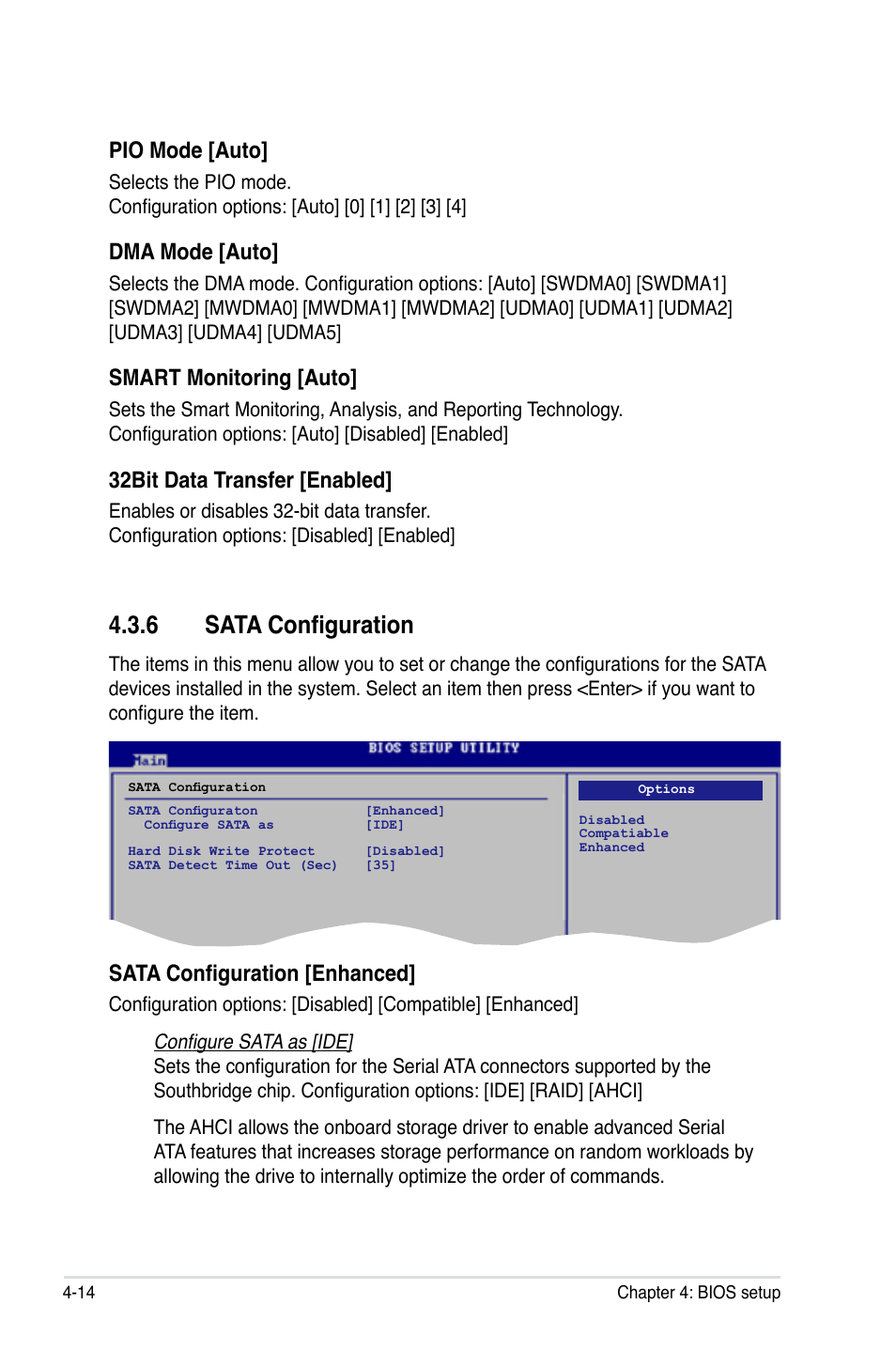 6 sata configuration, Pio mode [auto, Dma mode [auto | Smart monitoring [auto, 32bit data transfer [enabled, Sata configuration [enhanced | Asus P5E-VM HDMI User Manual | Page 80 / 156