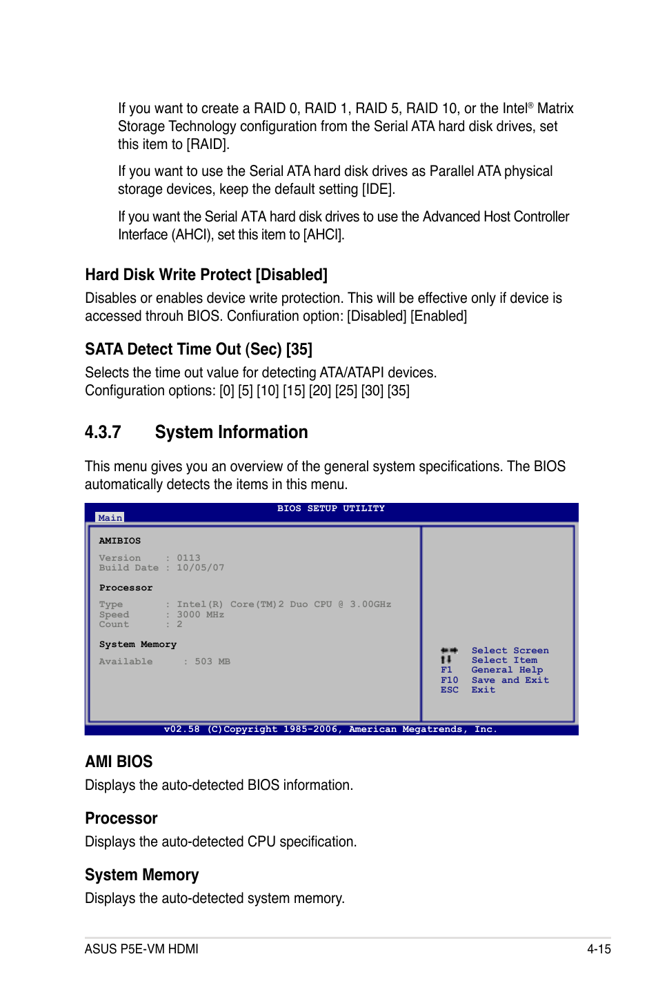 7 system information, Ami bios, Processor | Hard disk write protect [disabled, Sata detect time out (sec) [35 | Asus P5E-VM HDMI User Manual | Page 81 / 156