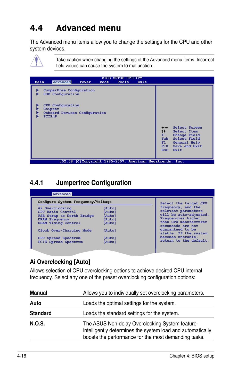 4 advanced menu, 1 jumperfree configuration, Ai overclocking [auto | Asus P5E-VM HDMI User Manual | Page 82 / 156