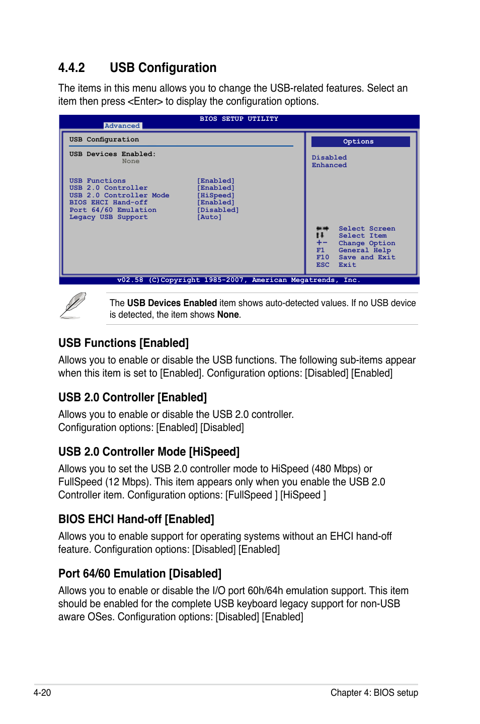 2 usb configuration, Usb functions [enabled, Usb 2.0 controller [enabled | Usb 2.0 controller mode [hispeed, Bios ehci hand-off [enabled, Port 64/60 emulation [disabled | Asus P5E-VM HDMI User Manual | Page 86 / 156