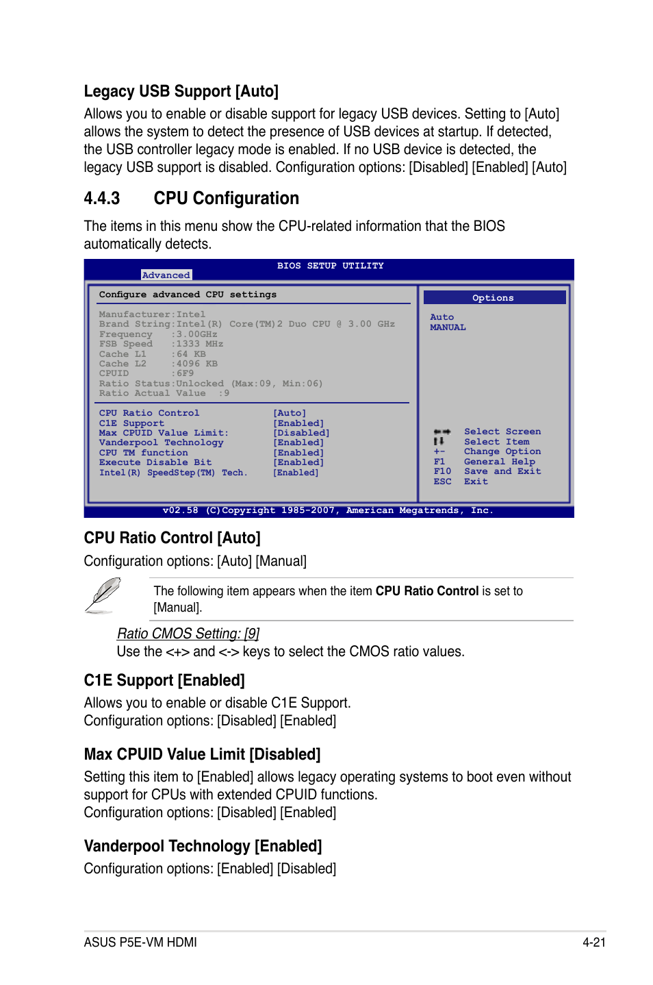 3 cpu configuration, Cpu ratio control [auto, C1e support [enabled | Max cpuid value limit [disabled, Vanderpool technology [enabled, Legacy usb support [auto, Configuration options: [auto] [manual, Configuration options: [enabled] [disabled | Asus P5E-VM HDMI User Manual | Page 87 / 156