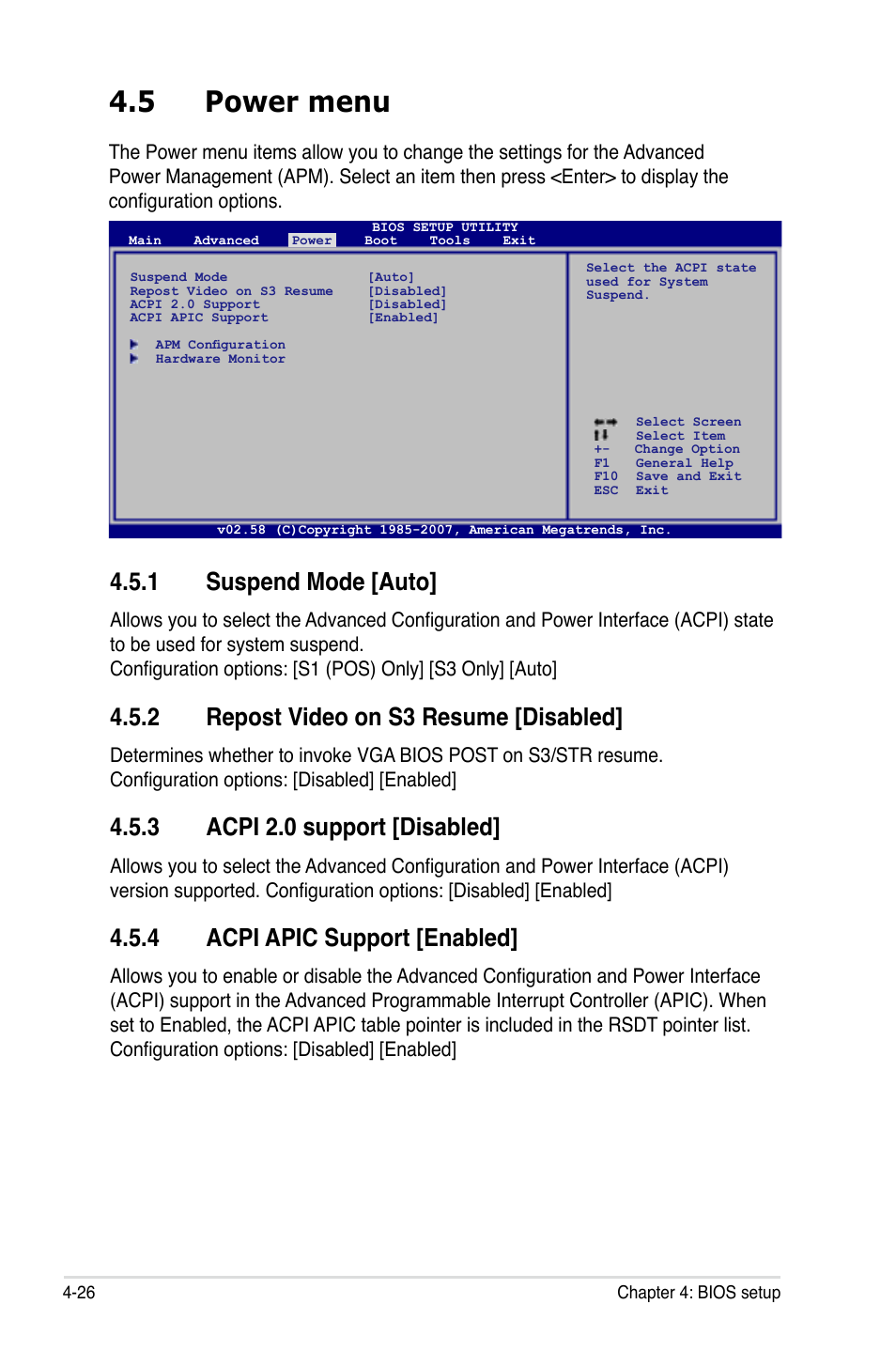 5 power menu, 1 suspend mode [auto, 2 repost video on s3 resume [disabled | 3 acpi 2.0 support [disabled, 4 acpi apic support [enabled | Asus P5E-VM HDMI User Manual | Page 92 / 156