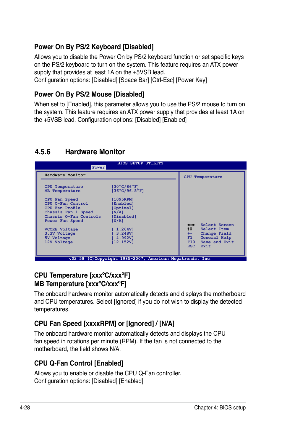 6 hardware monitor, Cpu q-fan control [enabled, Power on by ps/2 keyboard [disabled | Power on by ps/2 mouse [disabled | Asus P5E-VM HDMI User Manual | Page 94 / 156