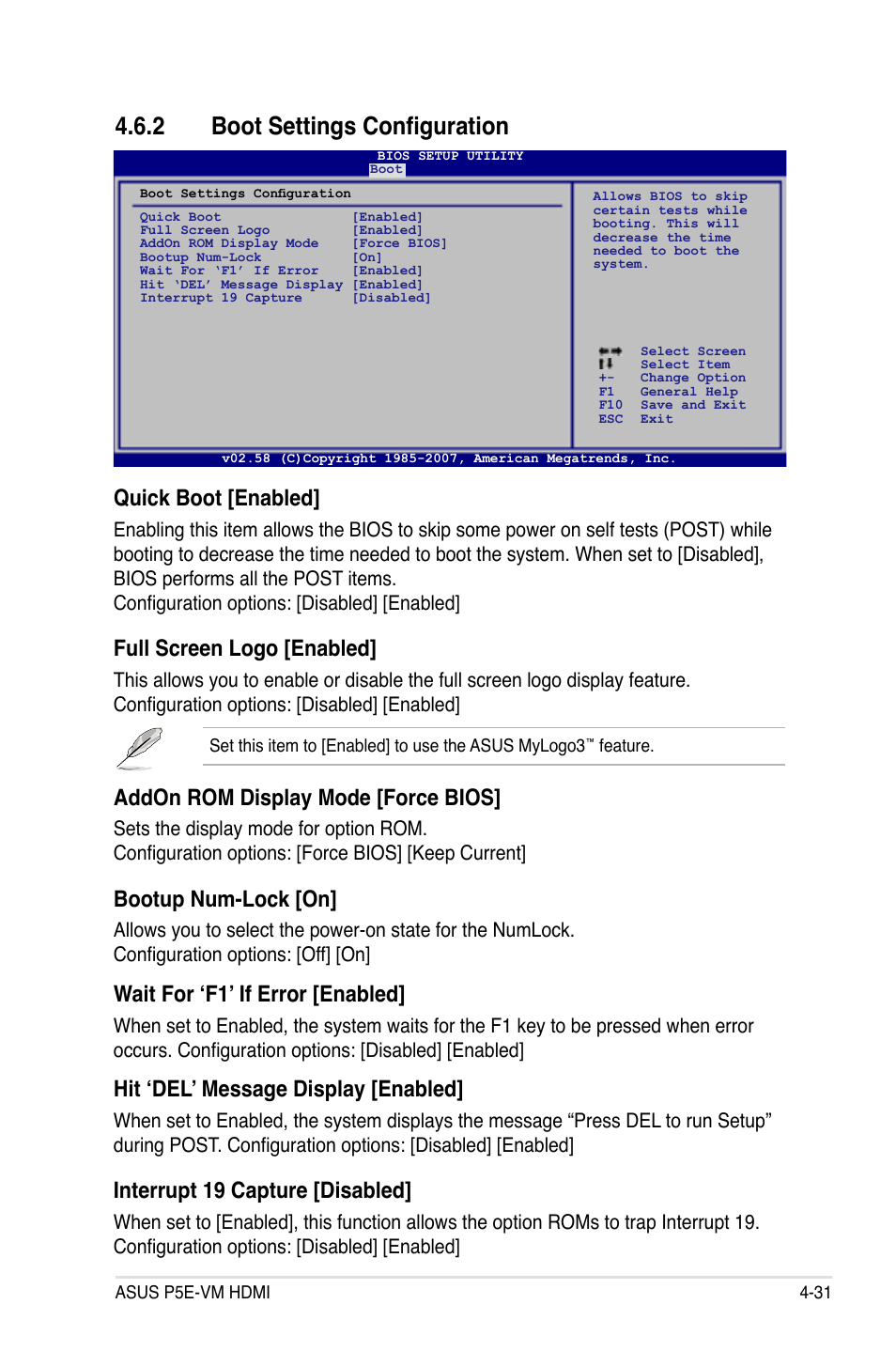 2 boot settings configuration, Quick boot [enabled, Full screen logo [enabled | Addon rom display mode [force bios, Bootup num-lock [on, Wait for ‘f1’ if error [enabled, Hit ‘del’ message display [enabled, Interrupt 19 capture [disabled | Asus P5E-VM HDMI User Manual | Page 97 / 156