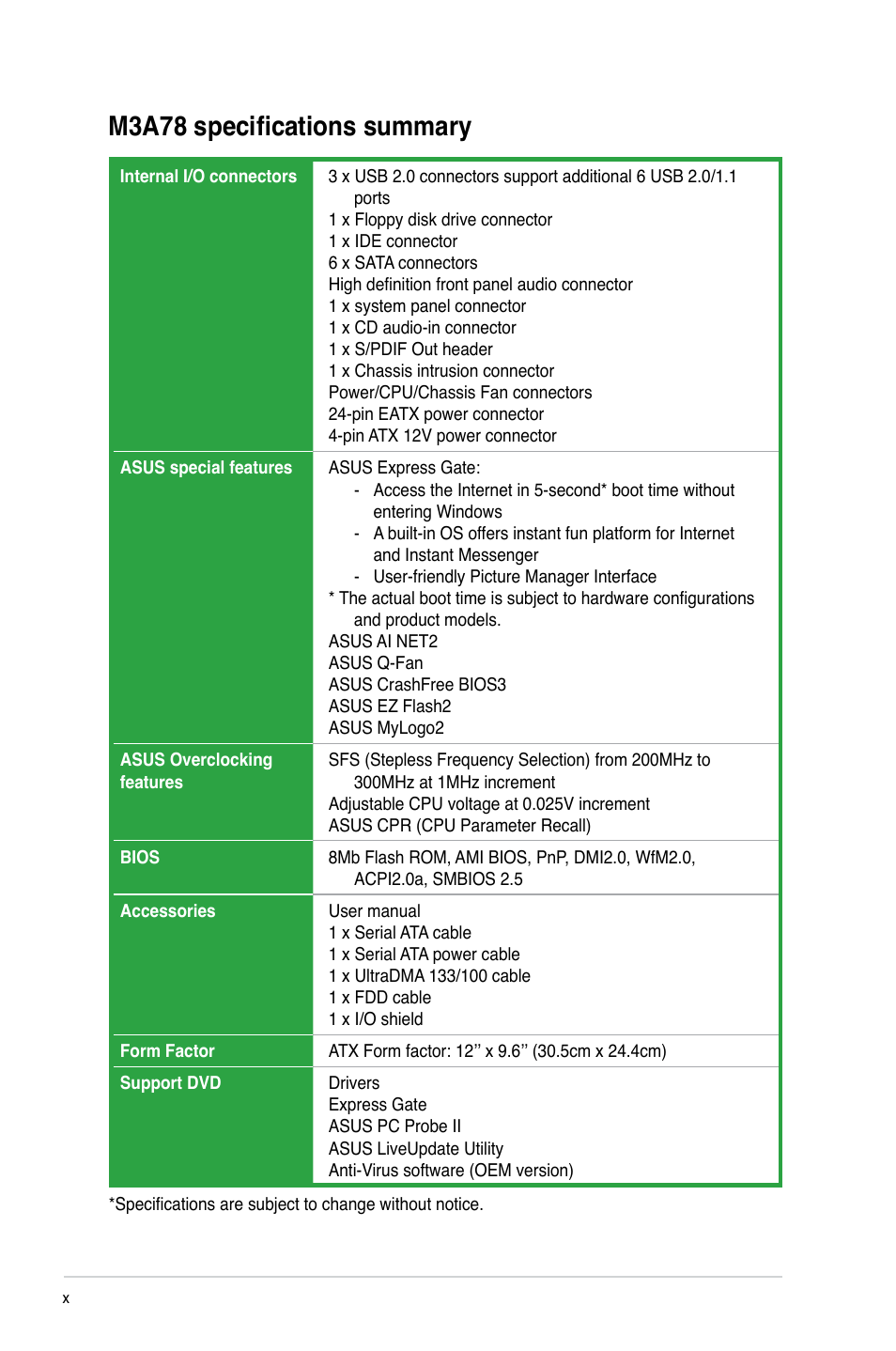 M3a78 specifications summary | Asus M3A78 User Manual | Page 10 / 58