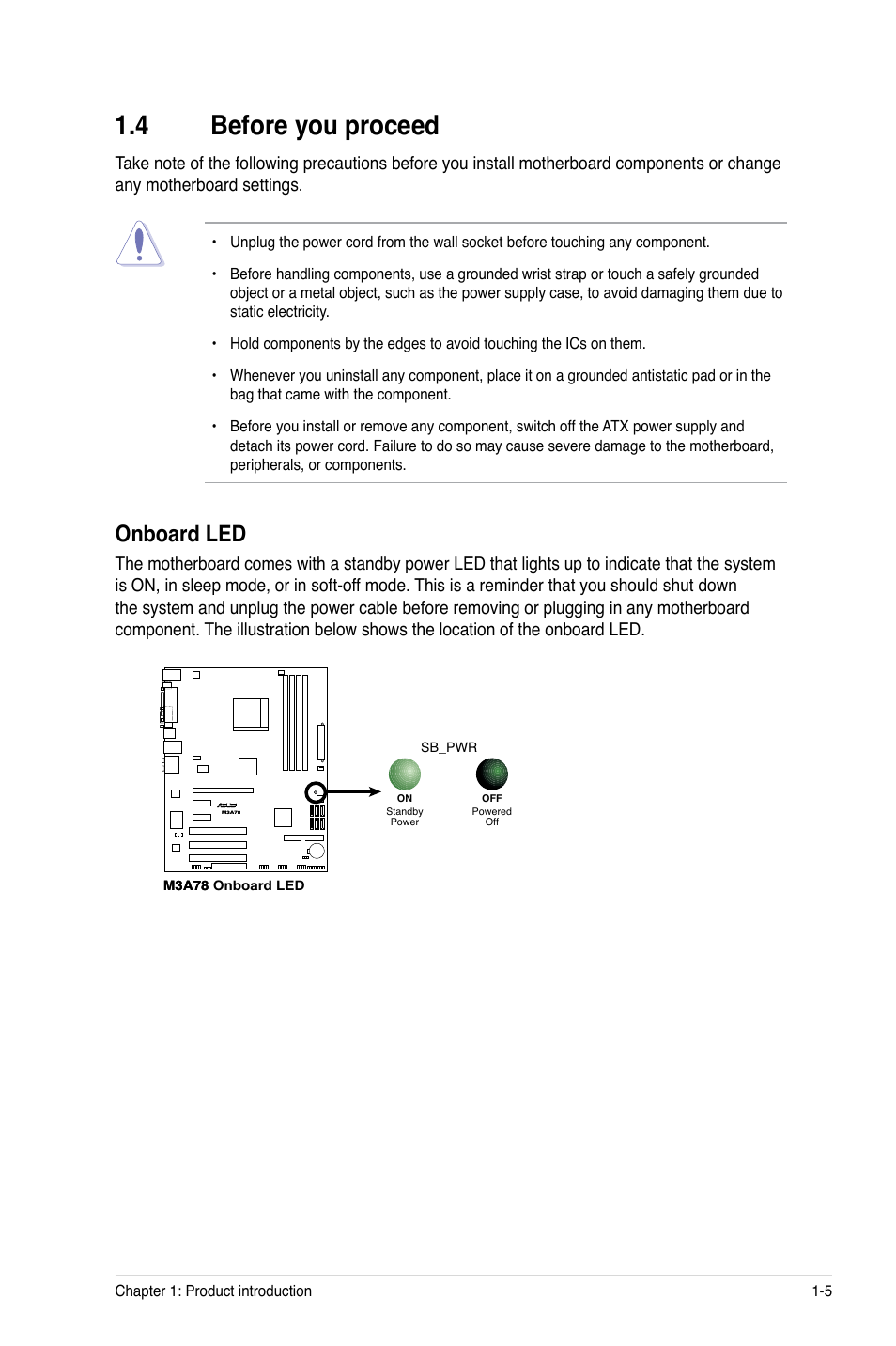 4 before you proceed, Onboard led, Before you proceed -5 onboard led -5 | Asus M3A78 User Manual | Page 15 / 58