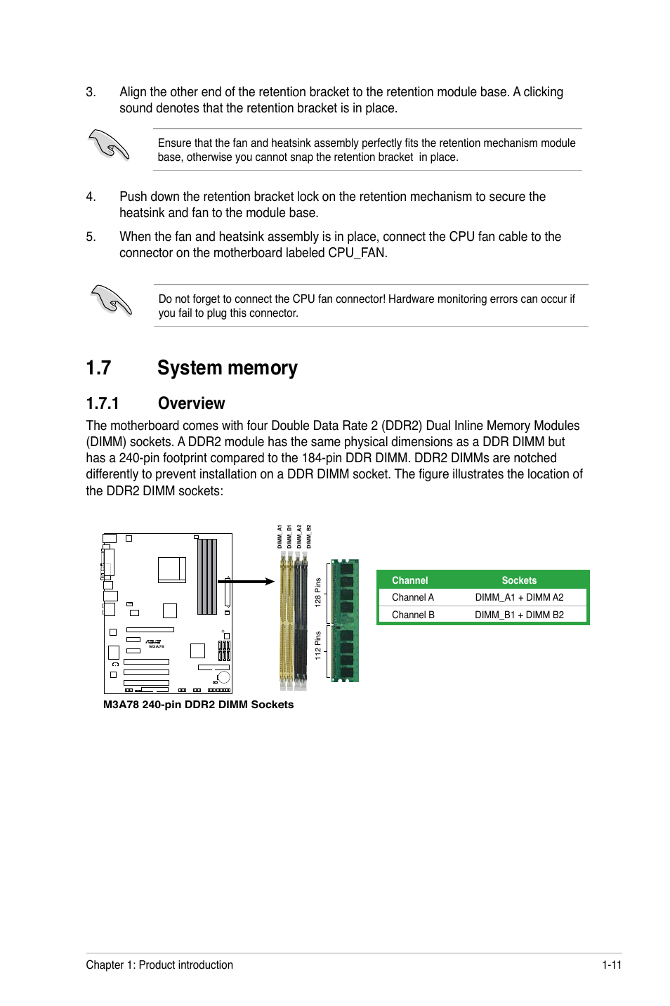 7 system memory, 1 overview, System memory -11 1.7.1 | Overview -11 | Asus M3A78 User Manual | Page 21 / 58