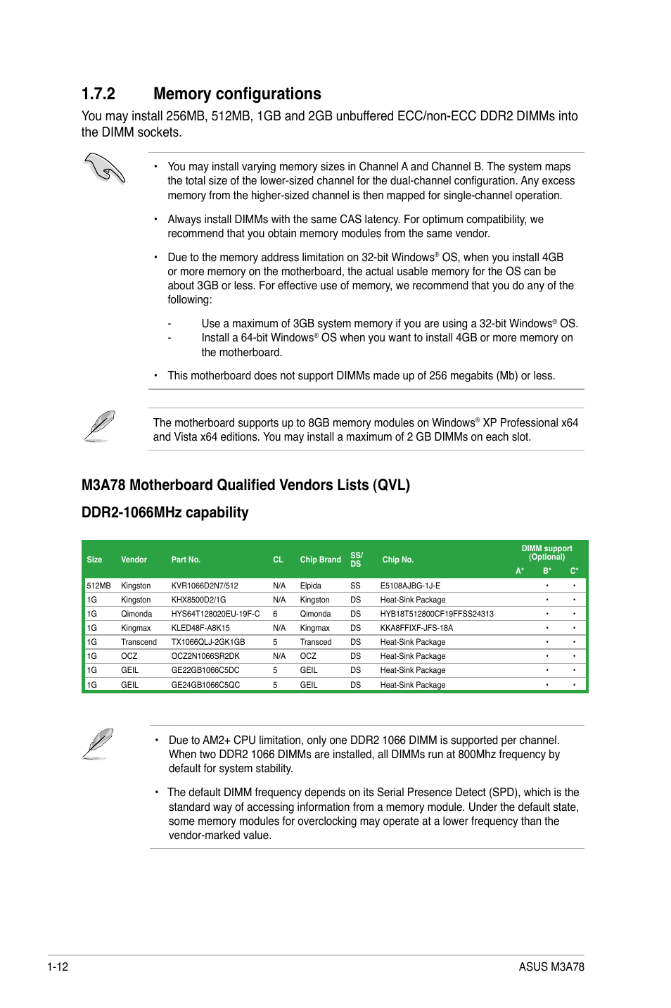 2 memory configurations, Memory configurations -12 | Asus M3A78 User Manual | Page 22 / 58